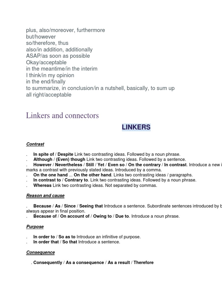 Linkers and connectors guide | PDF | Sentence (Linguistics) | Phrase