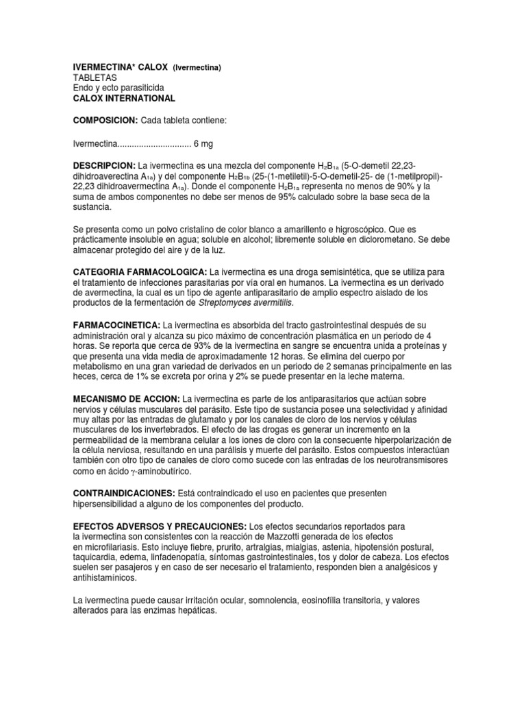 Ivermectina 6 Mg 4 Tabletas Calox