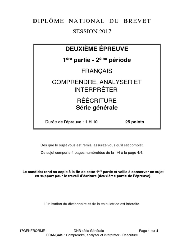Sujet Et Corrigé Brevet Blanc Français Pdf DNB 2017 Francais Partie 1 Sujet | PDF