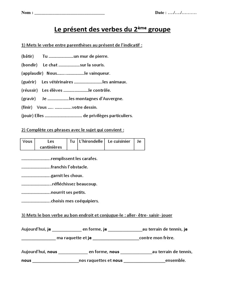 Le Groupe Verbal Exercices Corrigés Présent Des Verbes Du 2ème Groupe Ce2 Cm1 Cm2 - Exercices Corrigés -  Conjugaison - Cycle 3 | PDF | Morphologie | Conjugaison