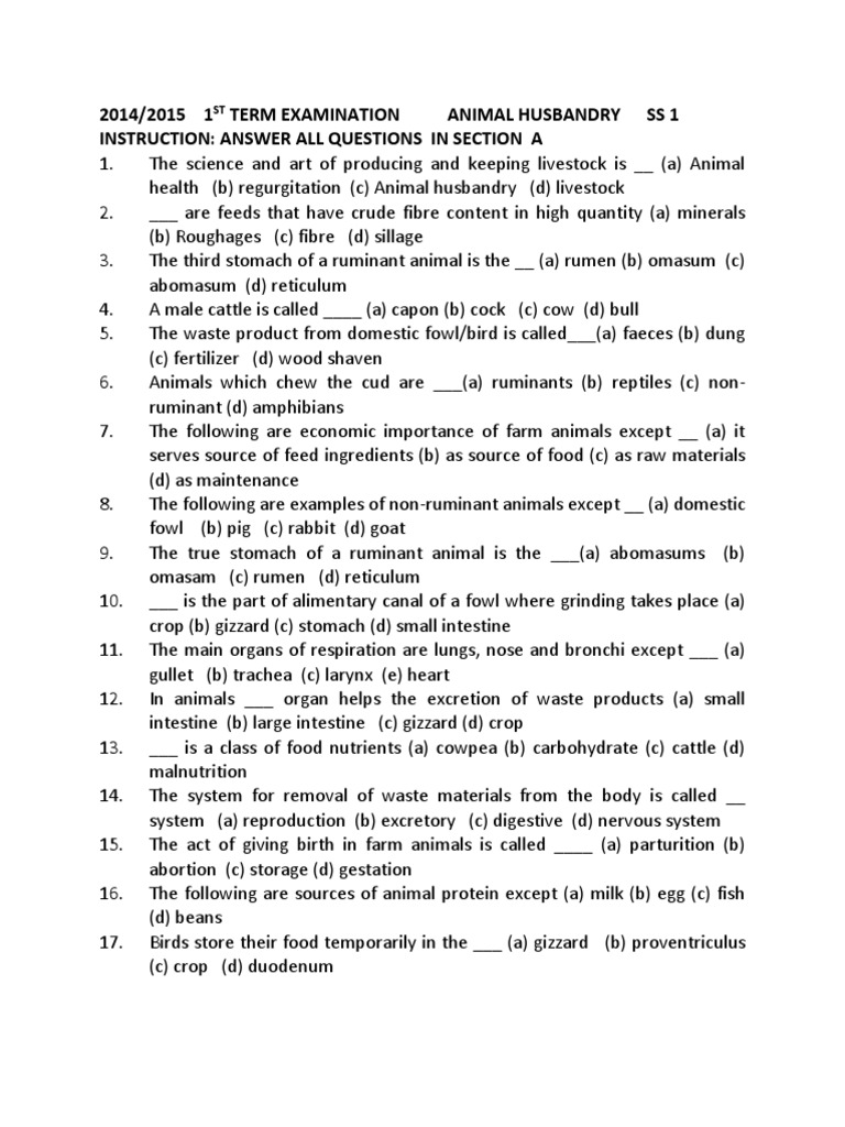 2014/2015 1 Term Examination Animal Husbandry Ss 1 Instruction: Answer ...