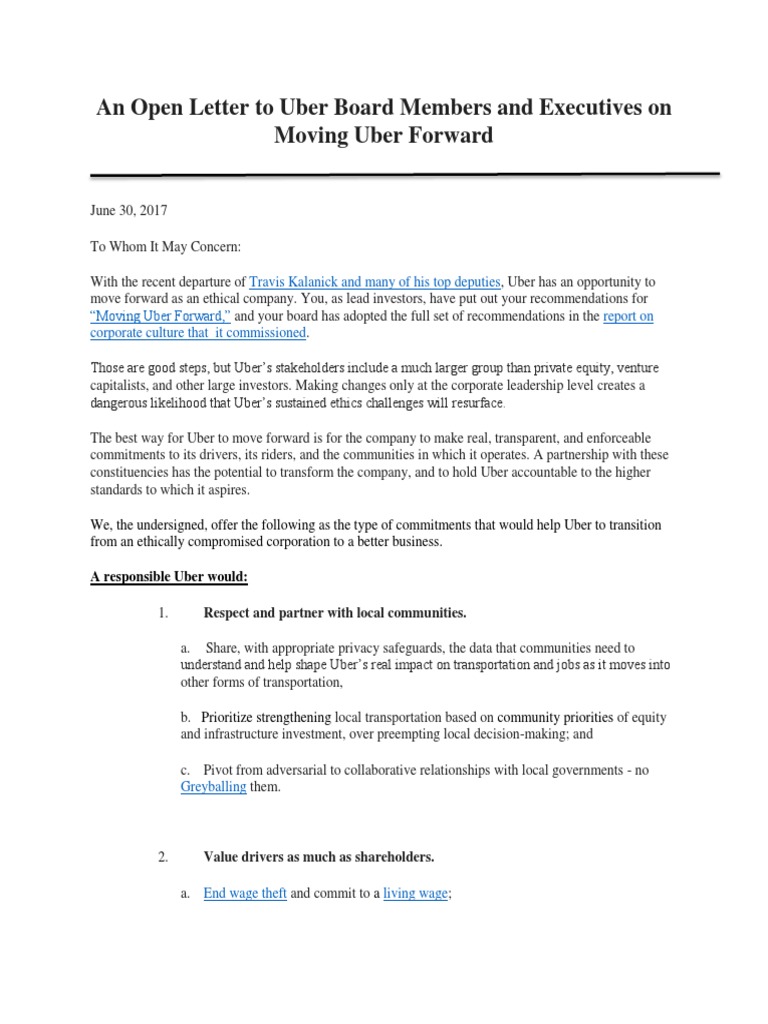 Uber Sign on Letter Uber Partnership