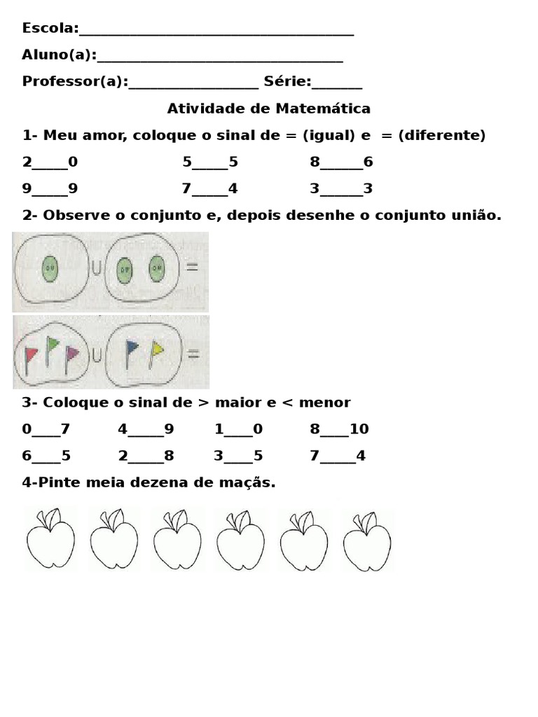 Atividade de Matemática Sinais de Maior e Menor, de Igual e Diferente, e  Sinal de U (União)