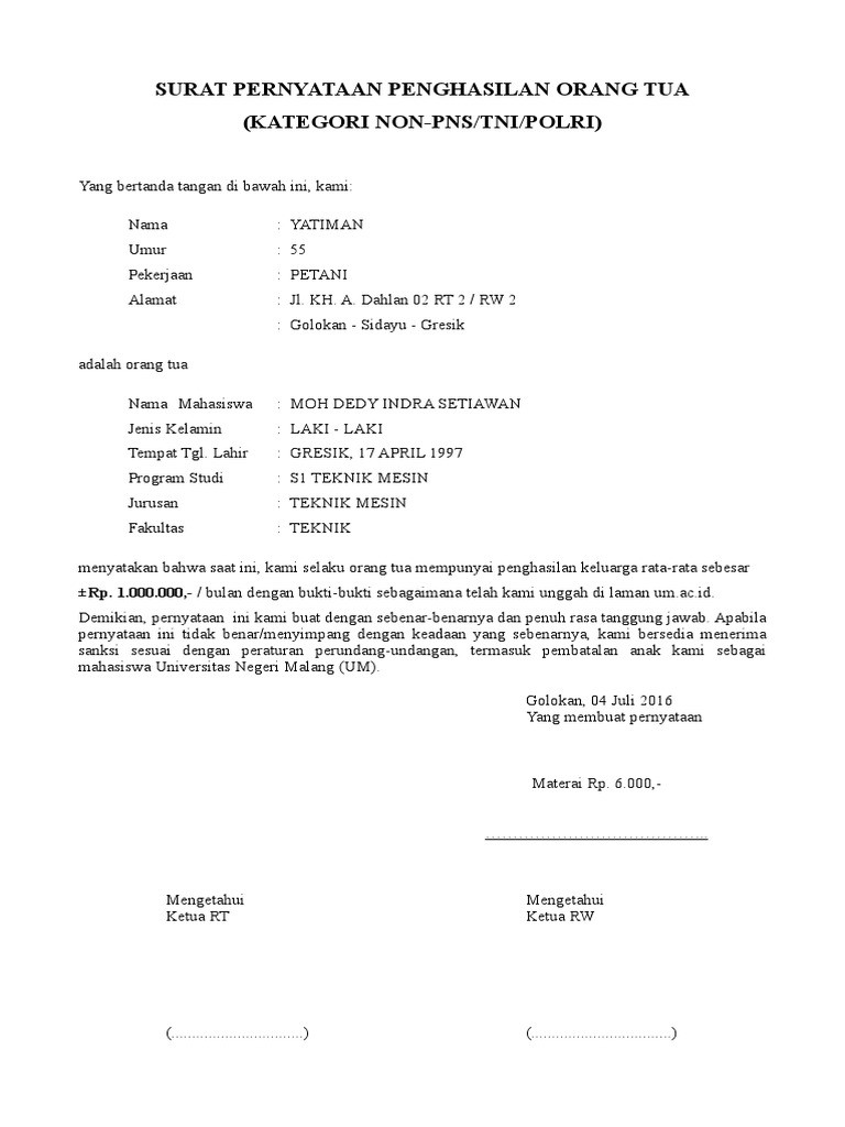 Format Surat Pernyataan Penghasilan Non Pns Print