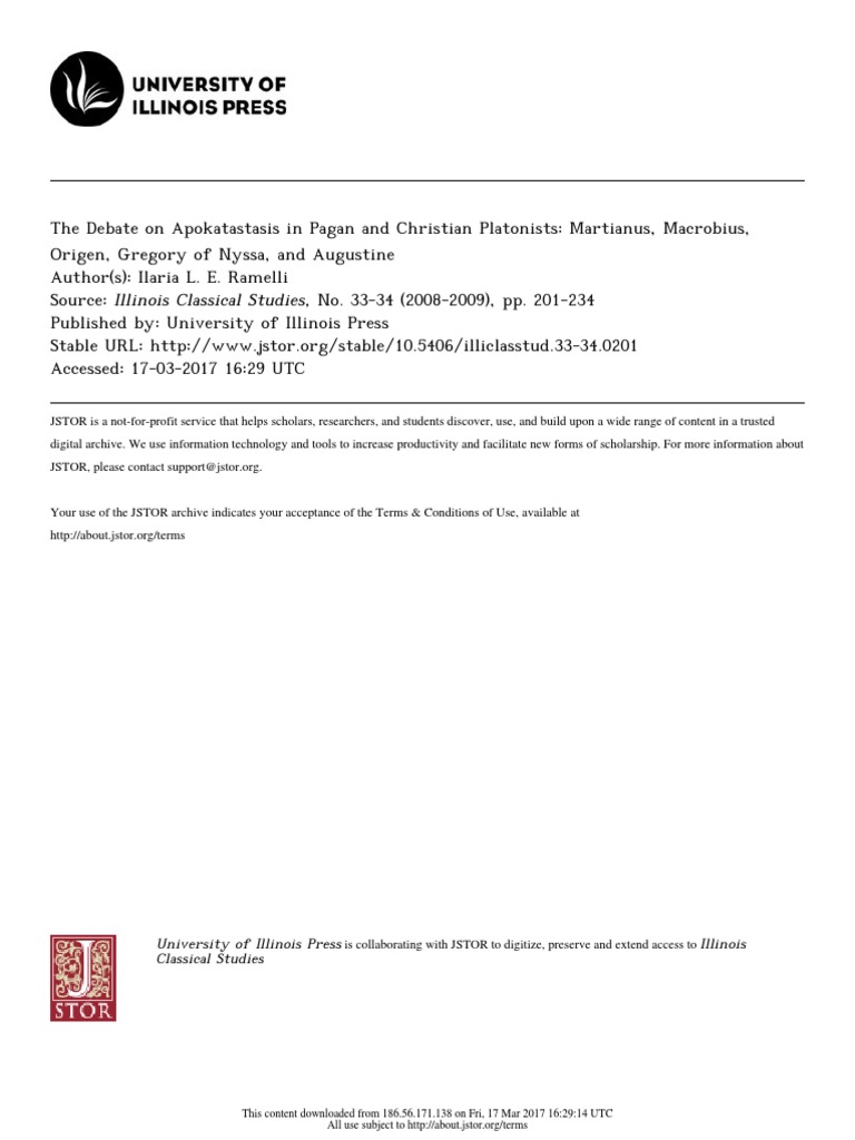 The Debate On Apokatastasis In Pagan And Christian Platonists