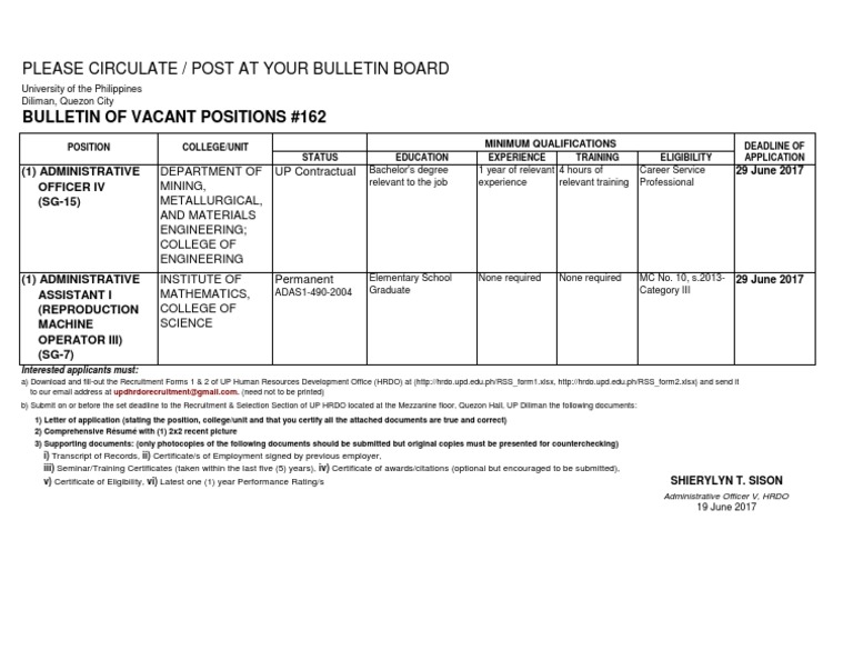 Bulletin of Vacant Positions #162: Please Circulate / Post at Your ...