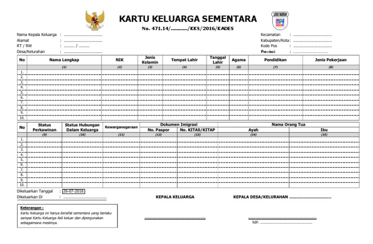 Format Kartu Keluarga Sementara Word Mpfdocuments Website Indonesia Pdf