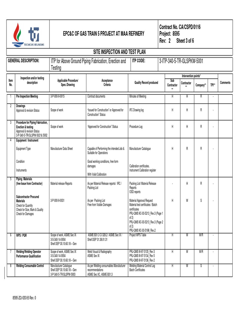 Itp For Piping Fabrication and Erection Correction PDF Pipe (Fluid