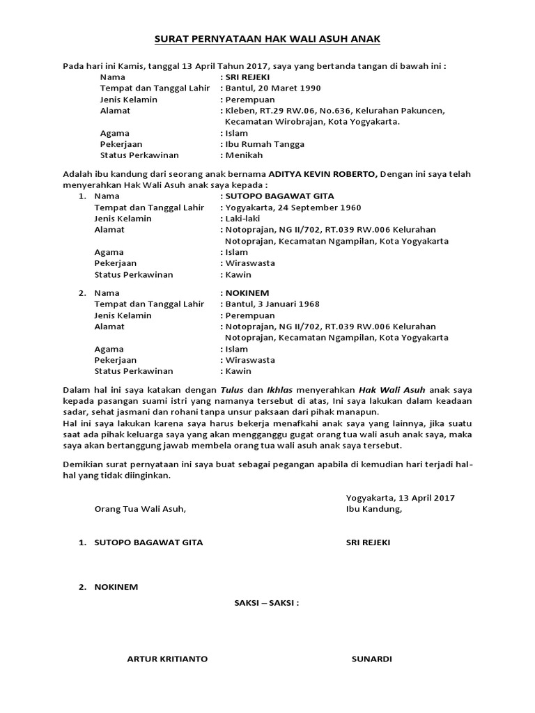 Surat Pernyataan Hak Wali Asuh Anak Contoh