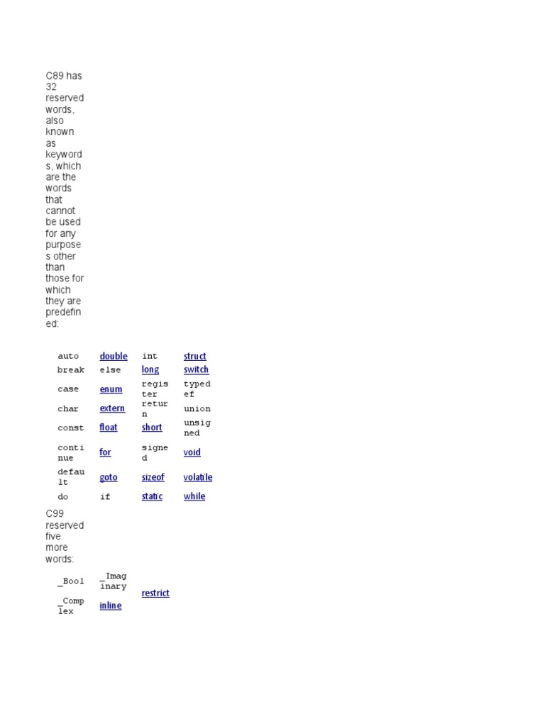 C Programming Reserved Keywords List | PDF