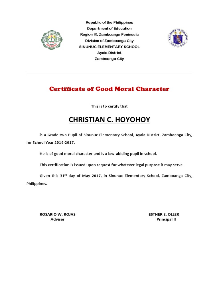 Certificate Of Good Moral Character Deped Template