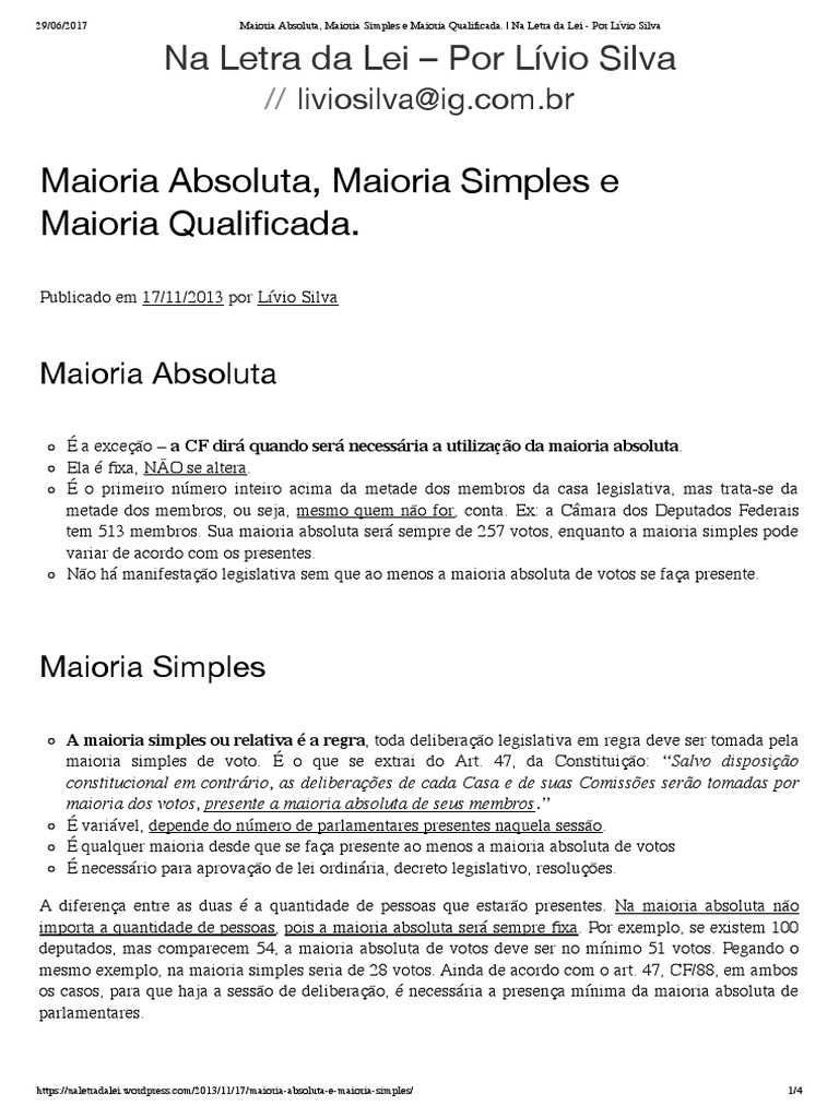 Maioria Absoluta, Maioria Simples e Maioria Qualificada | PDF ...
