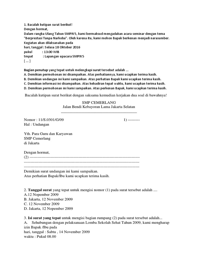 Soal Surat Dinas Surat Pribadi