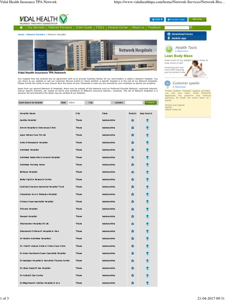 Vidal Health Insurance TPA Network PDF Hospital Health Care