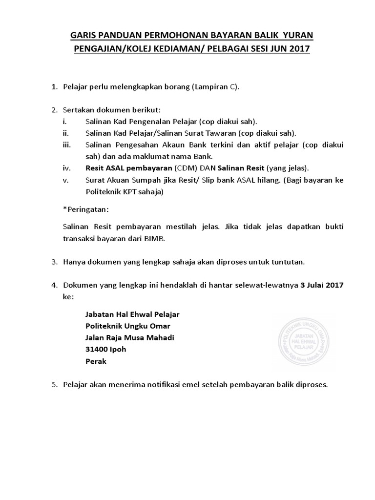 Garis Panduan Permohonan Bayaran Balik Yuran Pengajian Pdf