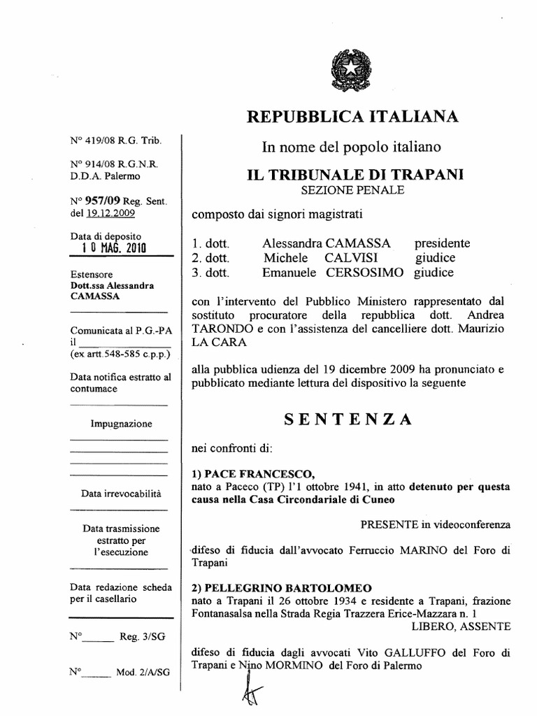 2009 19 Dicembre Sentenza 957 2009 TP Pellegrino Bartolomeo Ass Arta 500  Euro Per Appartamento Coppola Tommasso Verde Agricolo Villa Rosina TP  Barbara Leonarda Pace | PDF, image size:768x1024