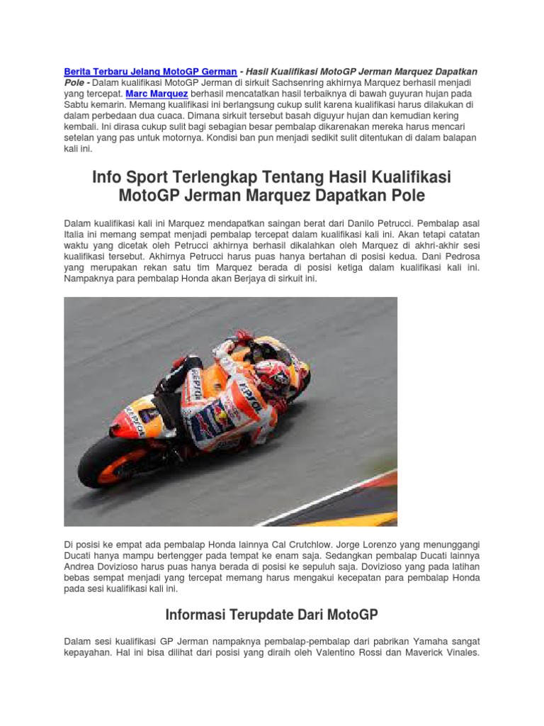 Hasil Kualifikasi MotoGP Jerman Marquez Dapatkan Pole