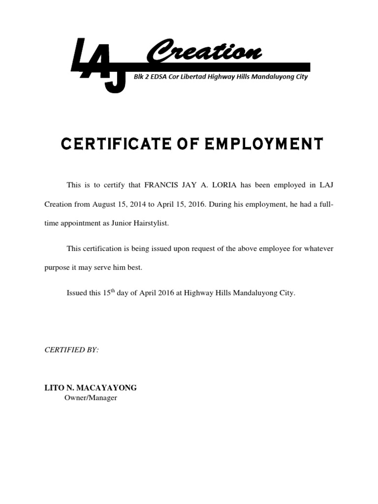 Employment Certification for Francis Loria | PDF | Career & Growth ...
