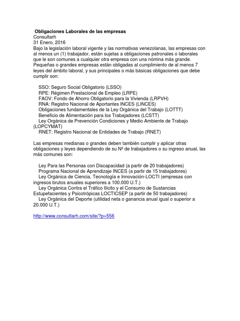 Obligaciones Laborales en Venezuela | PDF | Impuestos | Salario
