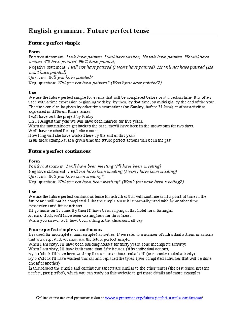 Future Perfect Tense Explained | PDF | Perfect (Grammar) | Grammatical ...