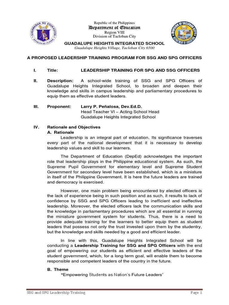 SSG and SPG Leadership Training Proposal and Matrix 2 Liderazgo