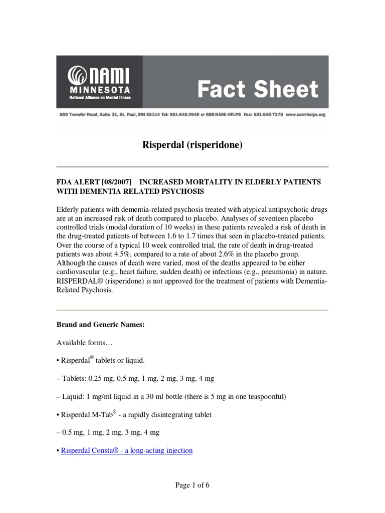 Risperdal (risperidone): Fda Alert [08/2007] Increased Mortality In ...