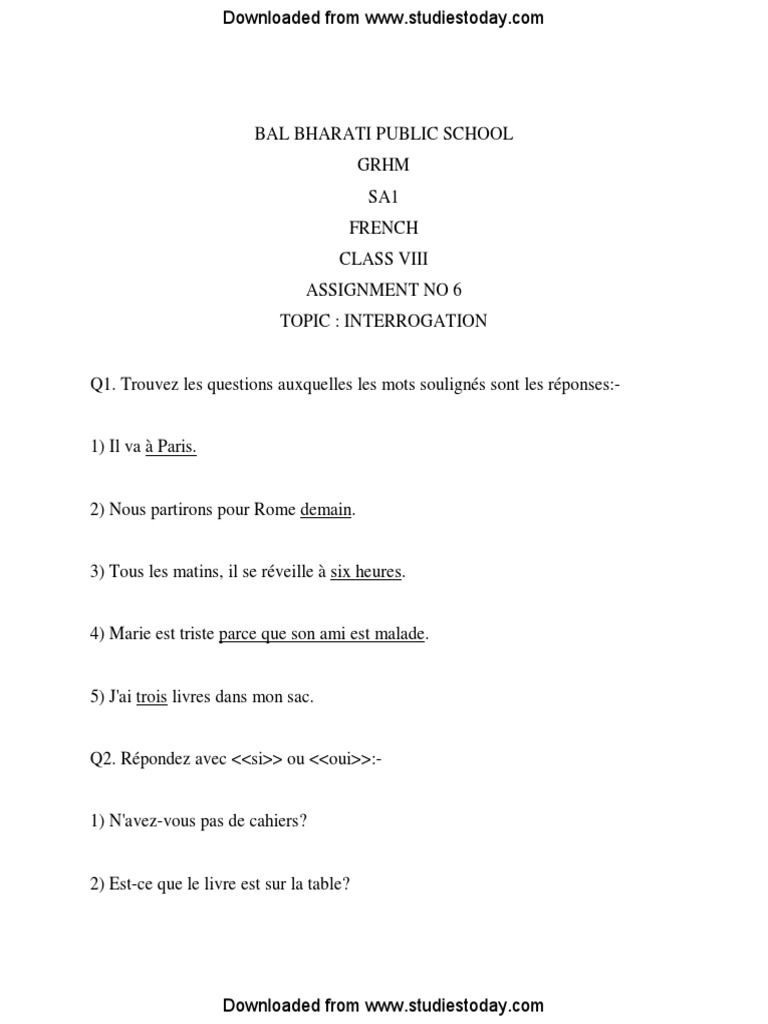 Cbse Class 8 French Worksheet