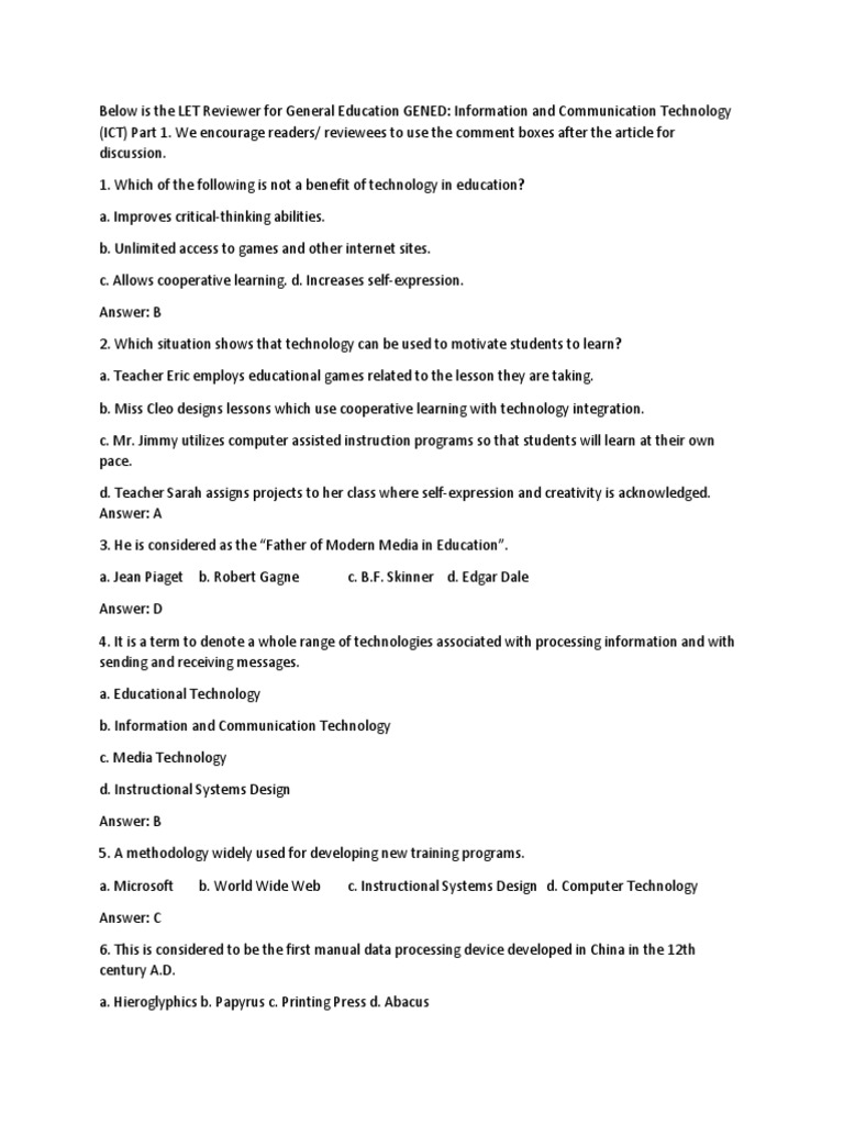 ICT in Education Quiz Educational Technology Instructional Design