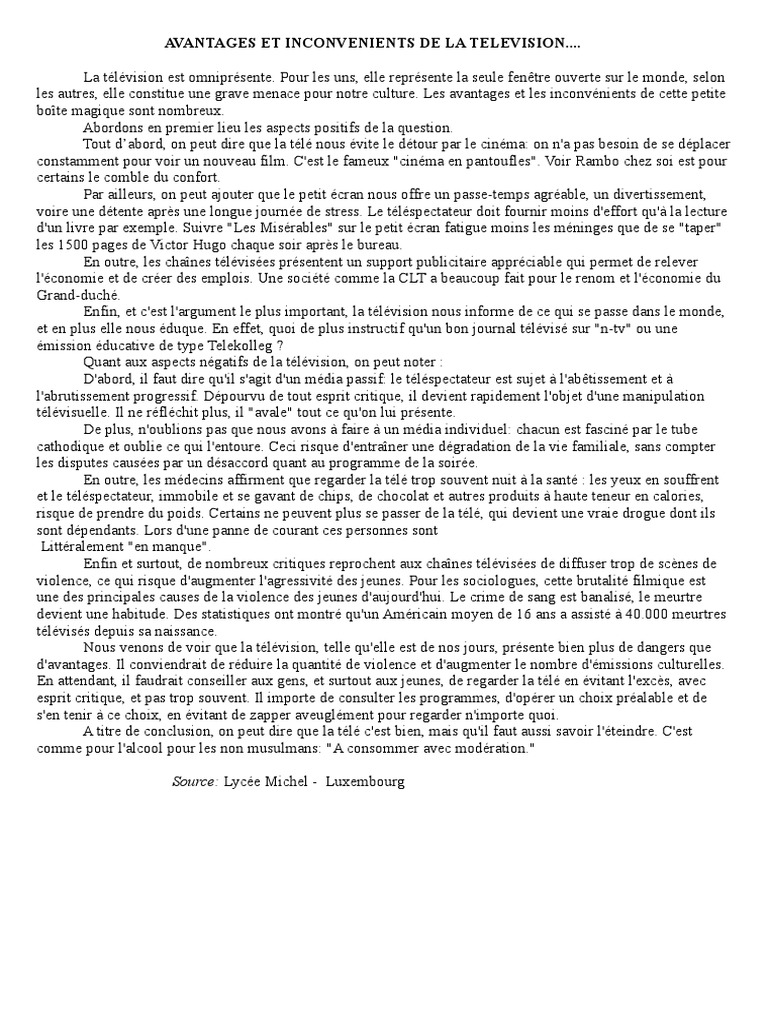 Avantages Et Inconvenients De La Television Television Cinematographie