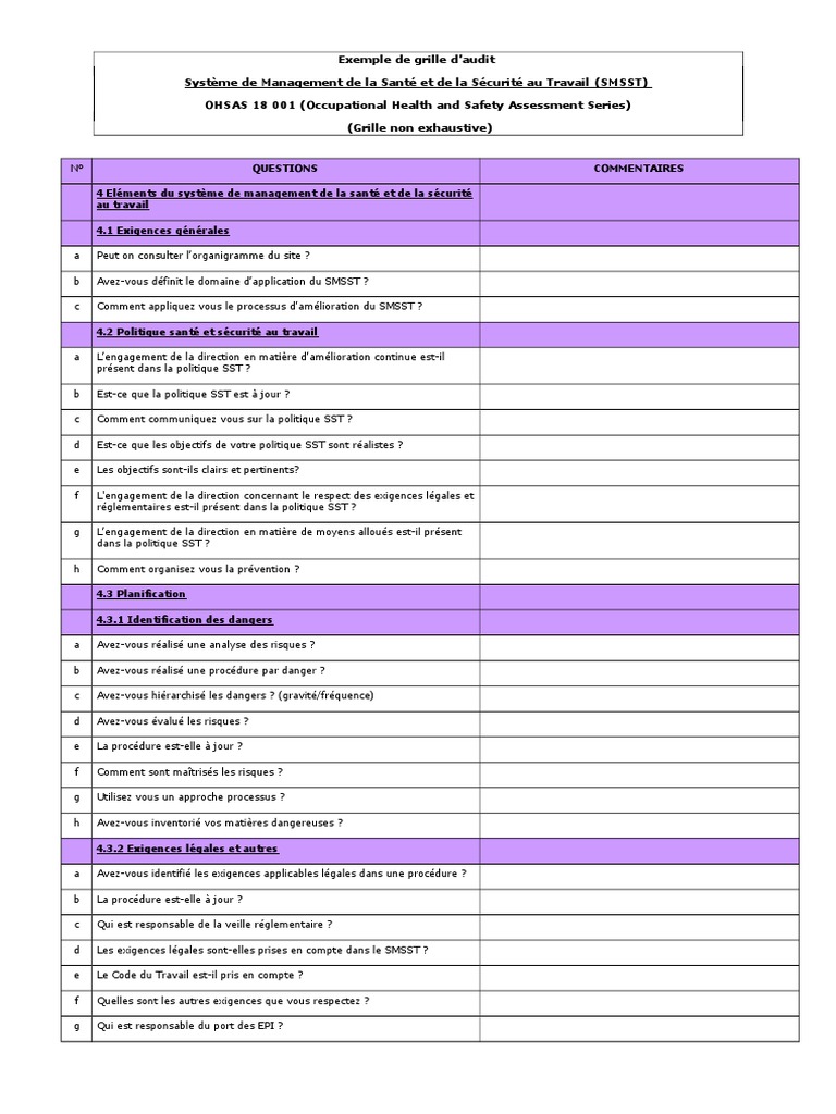 1046 - Grille d'Audit Pour Le Management de La Sante Et de La Securite