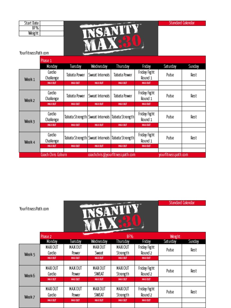 Insanity Max 30 Standard Calendar PDF | PDF | Sports