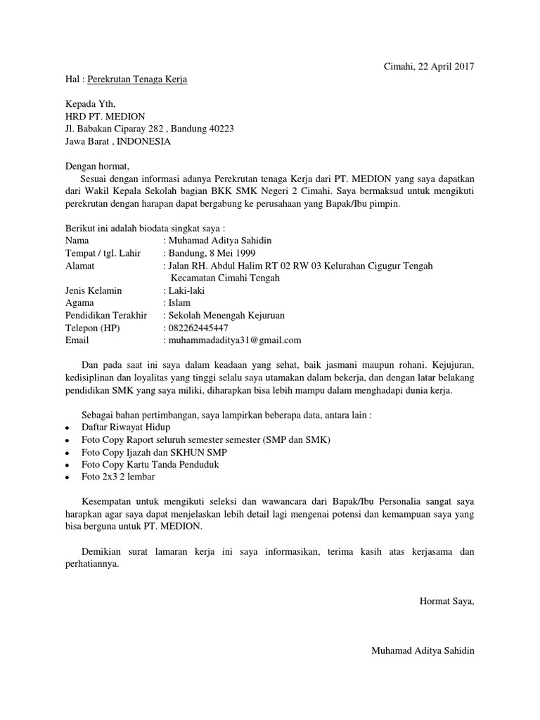 Surat Lamaran Kerja ke Pt.Medion