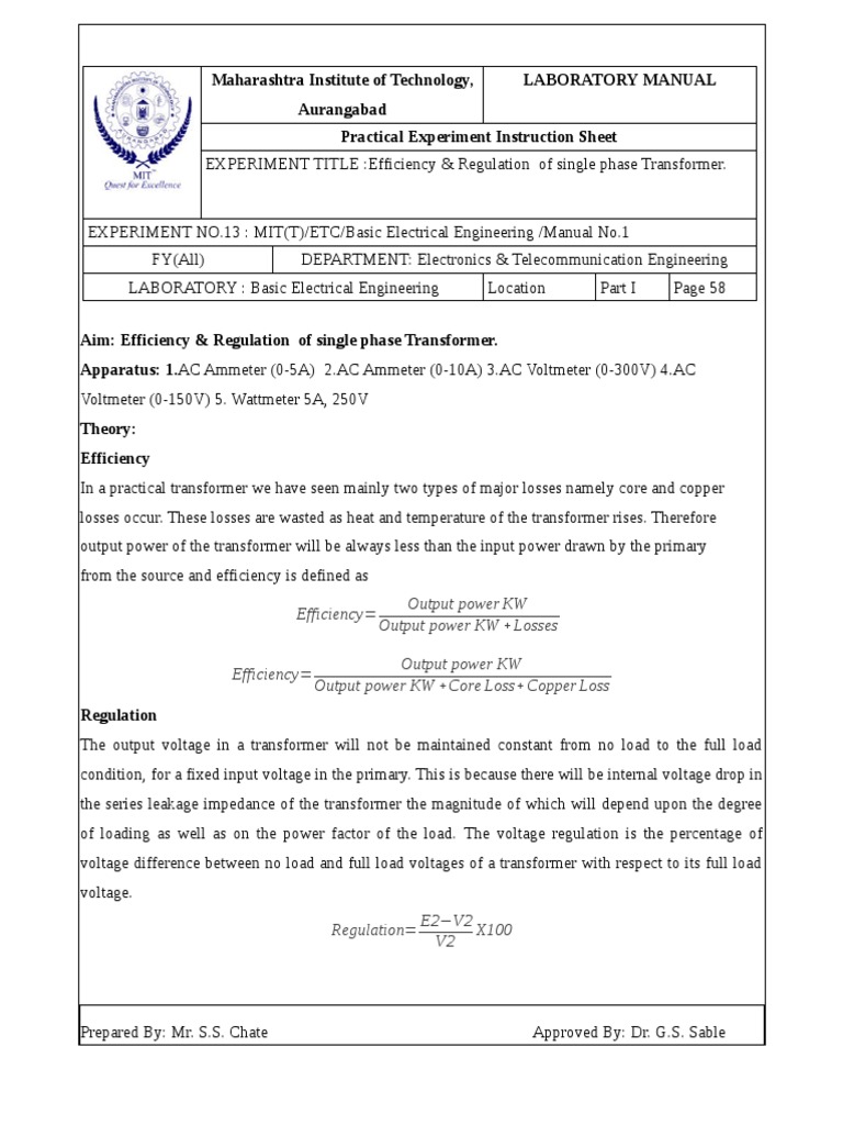 Transformer Efficiency & Regulation Lab Guide | PDF | Transformer | Voltage