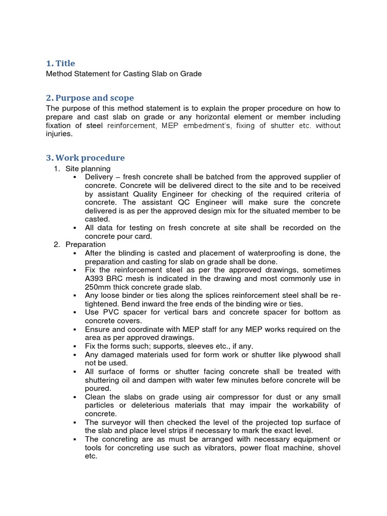 Slab on Grade Casting Method Statement | PDF | Concrete | Building ...