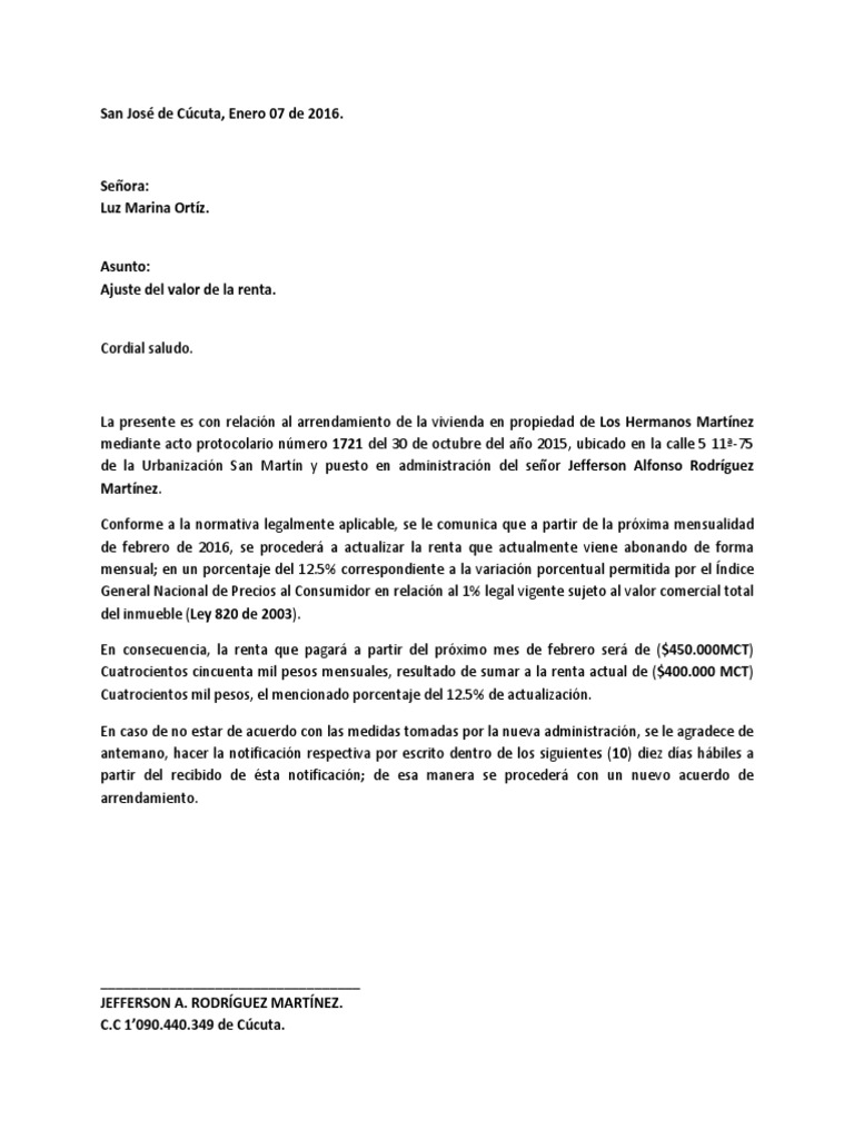 Carta de Aumento de Arriendo