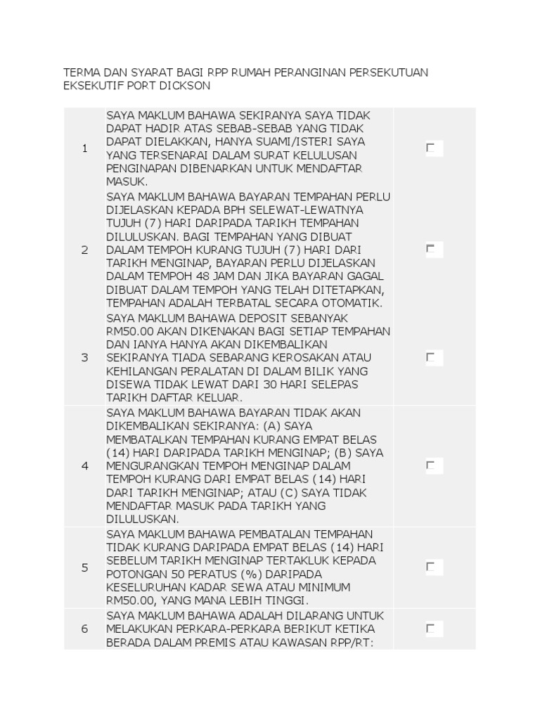 Terma Dan Syarat Bagi RPP Rumah Peranginan Persekutuan Eksekutif Port ...
