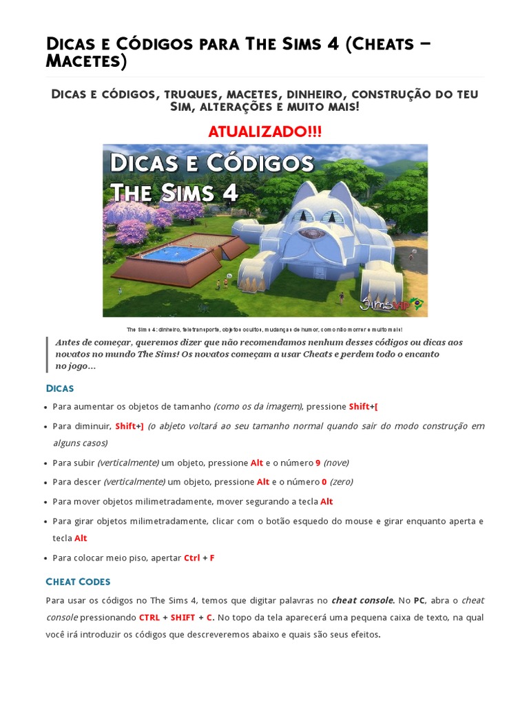 Dicas e Códigos para The Sims 4, PDF