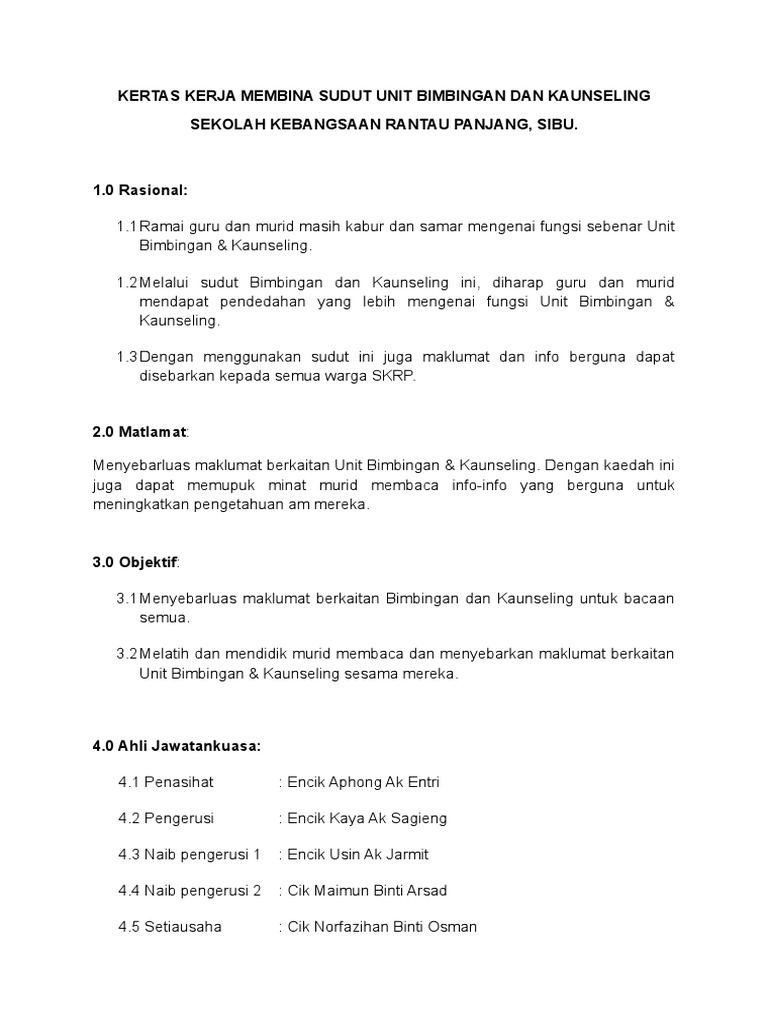 Kertas Kerja Membina Sudut Unit Bimbingan Dan Kaunseling Pdf