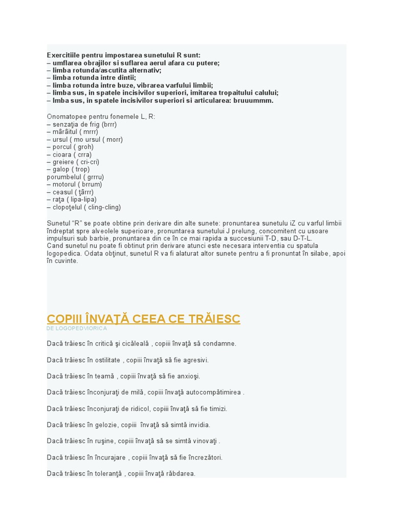 Exercitiile Pentru Impostarea Sunetului R Sunt | PDF