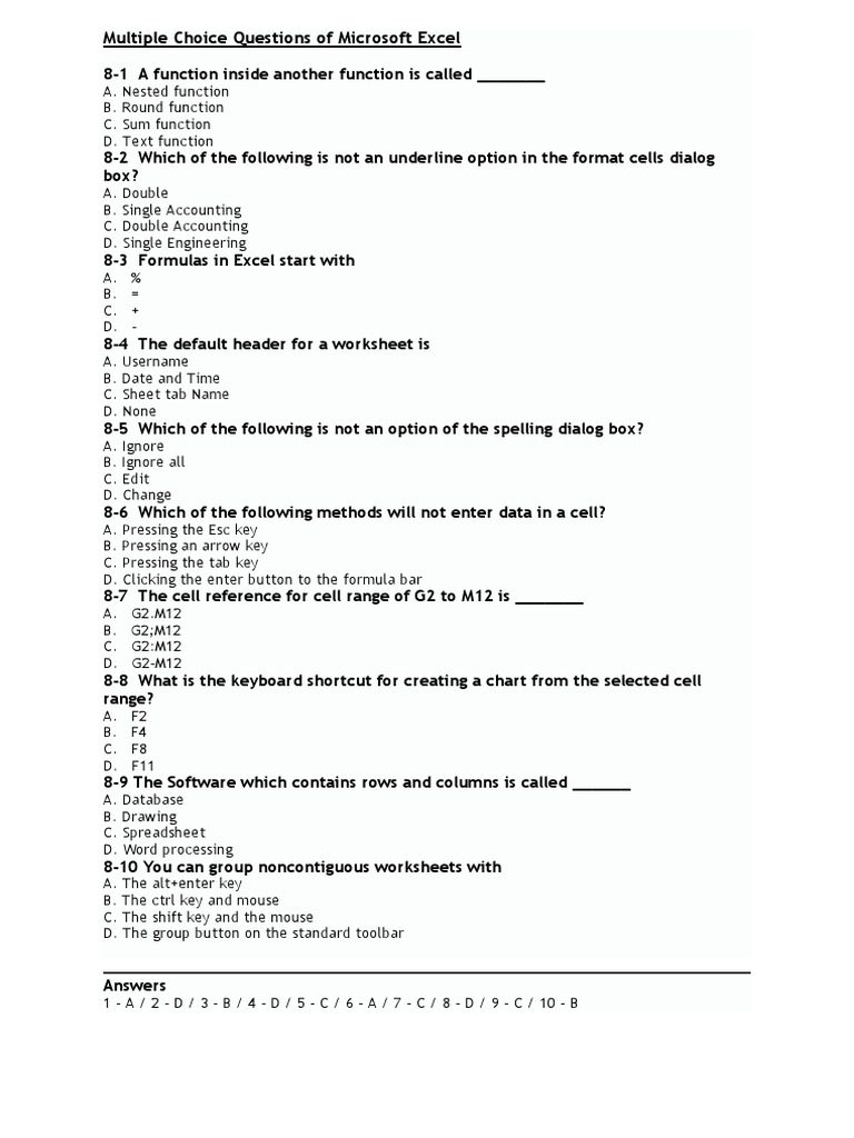 Multiple Choice Questions Of Microsoft Excel Spreadsheet Worksheet