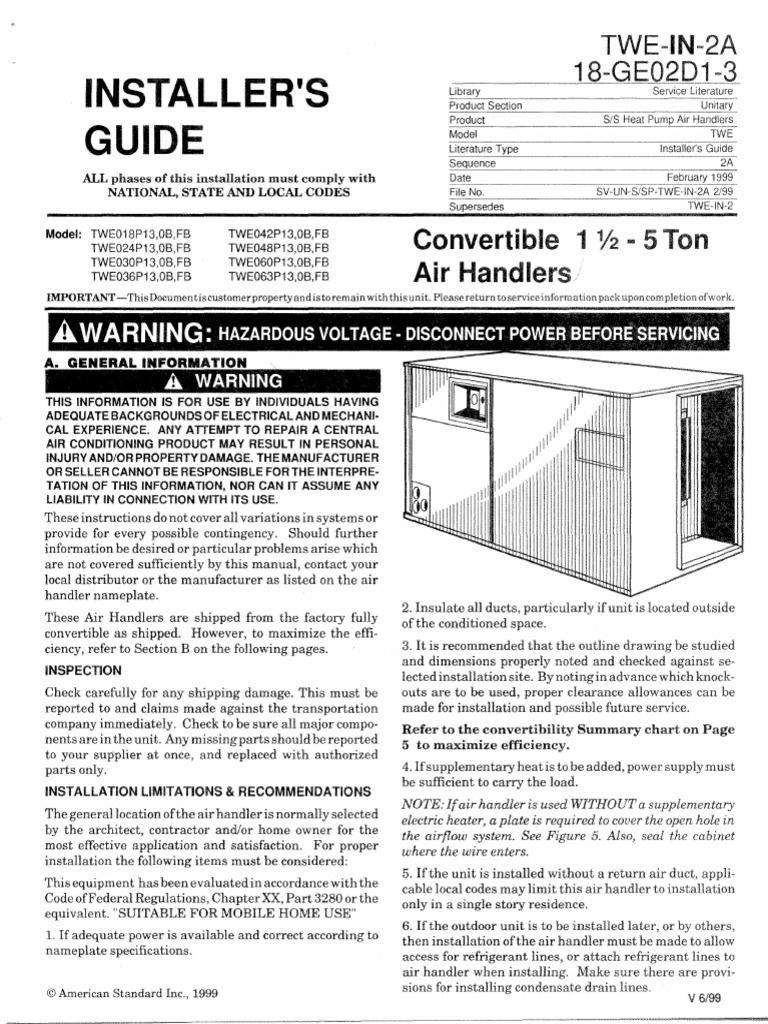 Trane TWEIn2A 18GE02D13 TWE030P130B0 Air Handler Installer