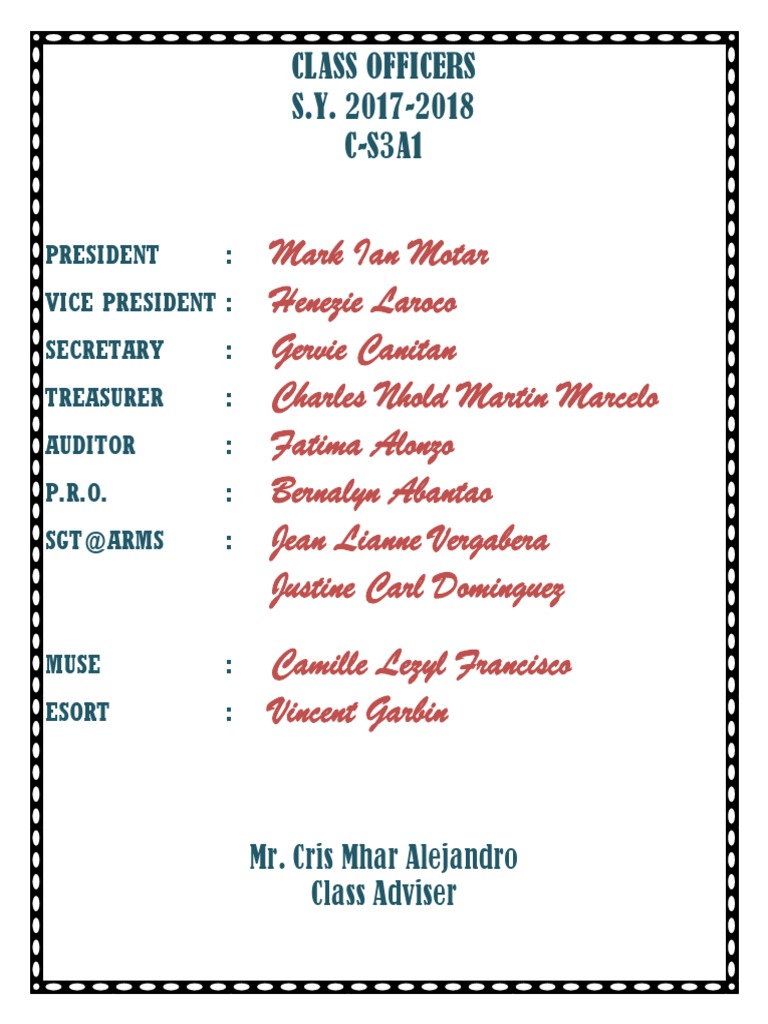 Class Officers 2017-2018 C-S3A1 | PDF