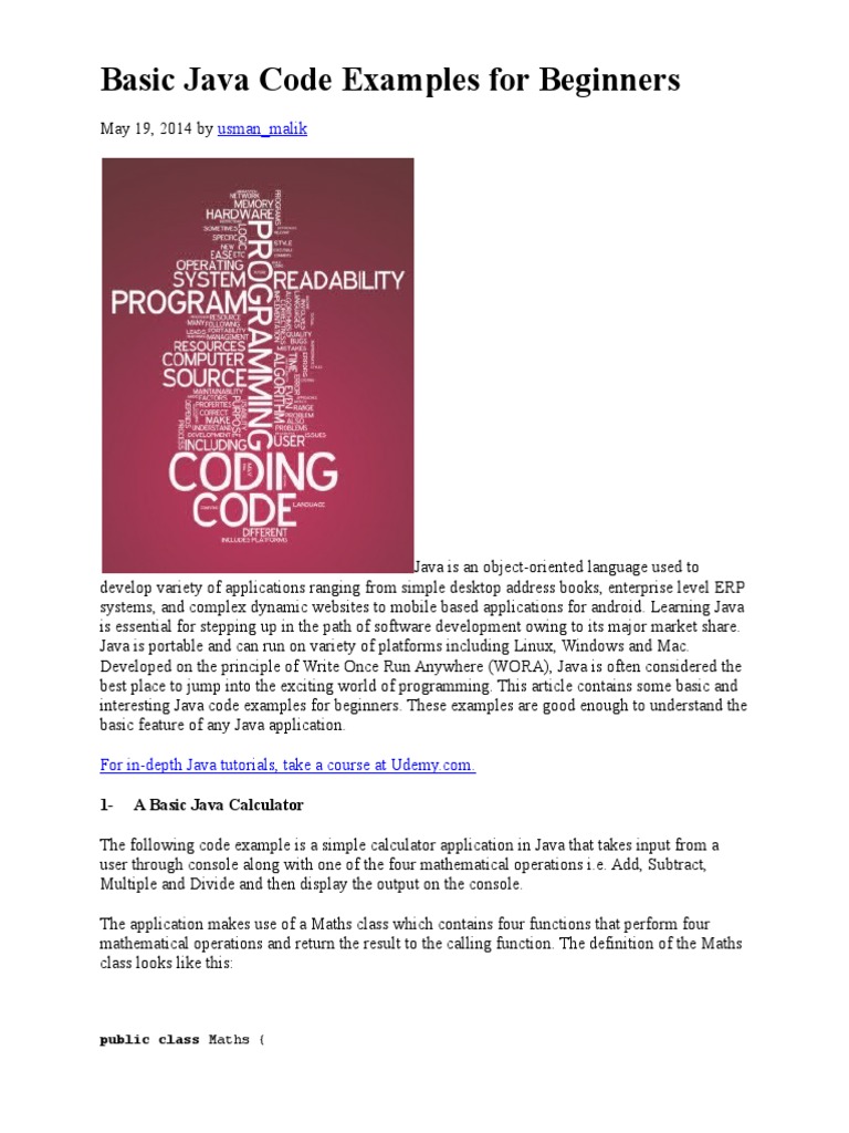 Basic Java Code Examples For Beginners | PDF | Class (Computer ...