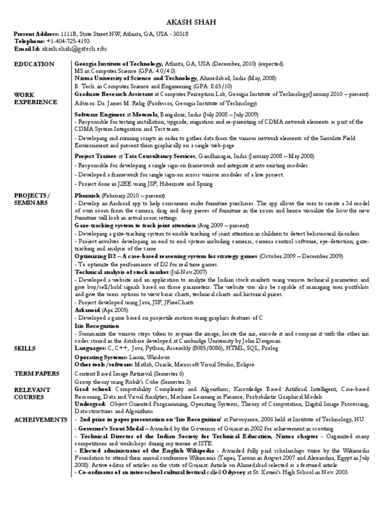 Akash Shah: Computer Science Resume | PDF | Software | Areas Of ...