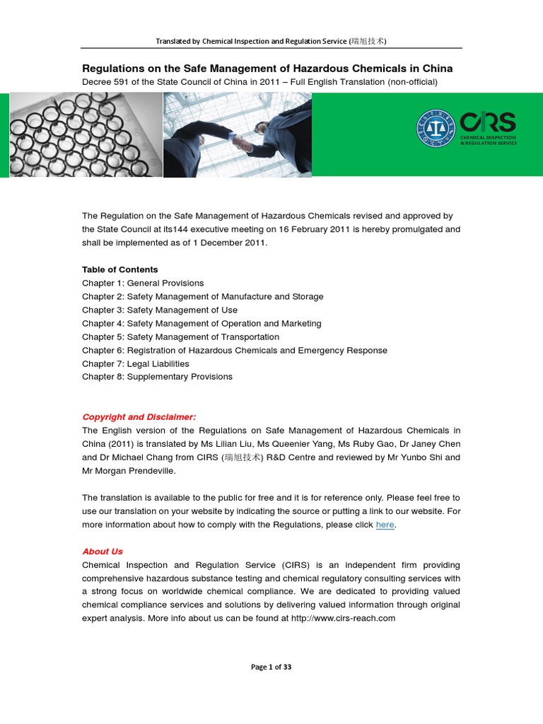 Regulations On Safe Management On Hazardous Chemicals China 2011 | PDF ...