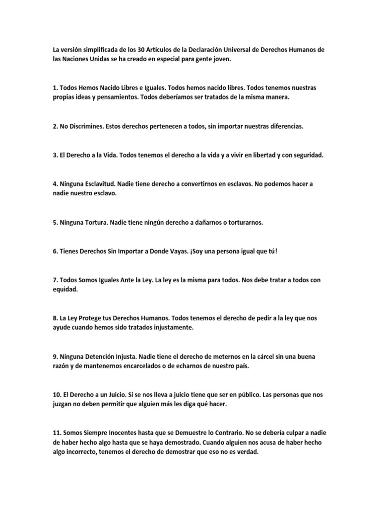 La Versión Simplificada de Los 30 Artículos de La Declaración Universal
