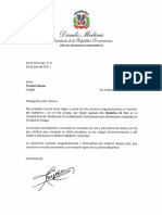 Carta de Felicitación Del Presidente Danilo Medina A Frandiel Gómez Por Ganar Dos Medallas de Oro en Competencia de Clavados de La Confederación Centroamericana de Natación