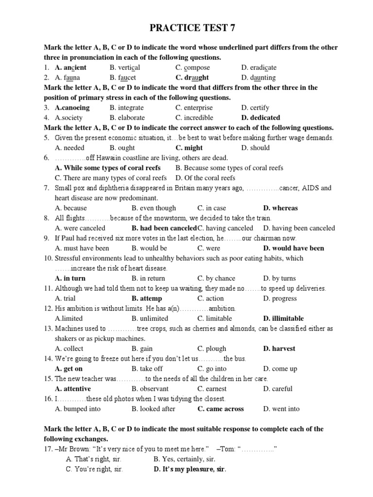 Practice English Exam Comprehension, Vocabulary, Grammar and