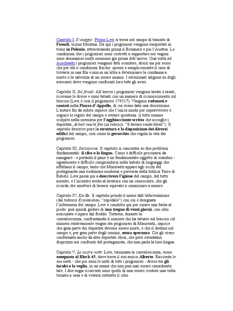 Riassunto Capitoli Se Questo E Un Uomo