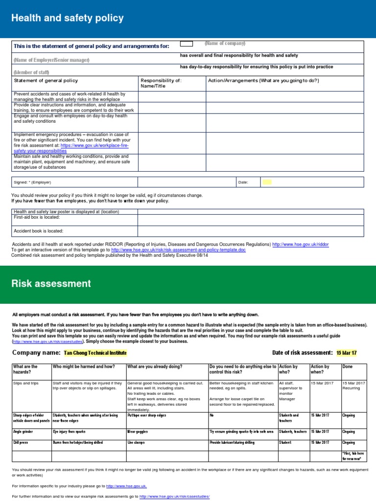 Risk Assessment and Policy Template | Occupational Safety And Health | Risk